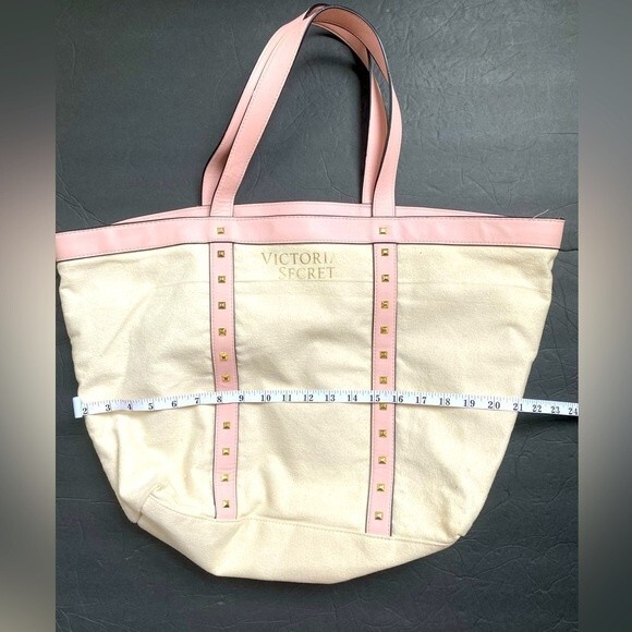 Victoria’s Secret gold stud cream canvas pink faux leather trim open tote - Picture 3 of 11